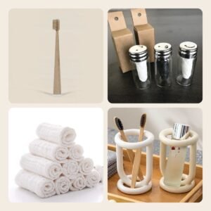 Kit Hábito: escova de bambu, fio dental, toalhinha e suporte de cerâmica